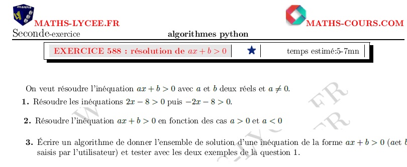 chapitre Compléments(python, geogebra...): ex et vidéo Résolution de ax+b>0